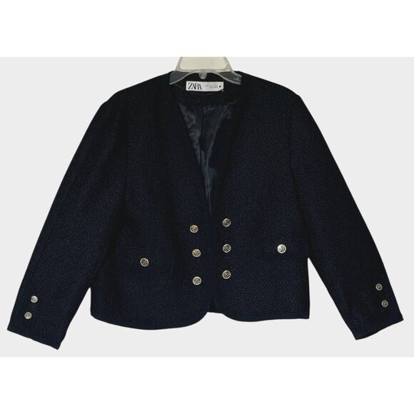 Zara Black Buckle Tweed Double Breasted Open Blazer Jacket - Picture 2 of 12